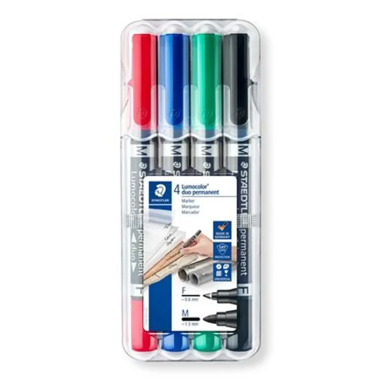 Alkoholos marker készlet, 0,6 / 1,5 mm, kúpos, kétvégű, STAEDTLER "Lumocolor® duo 348", 4 különböző szín