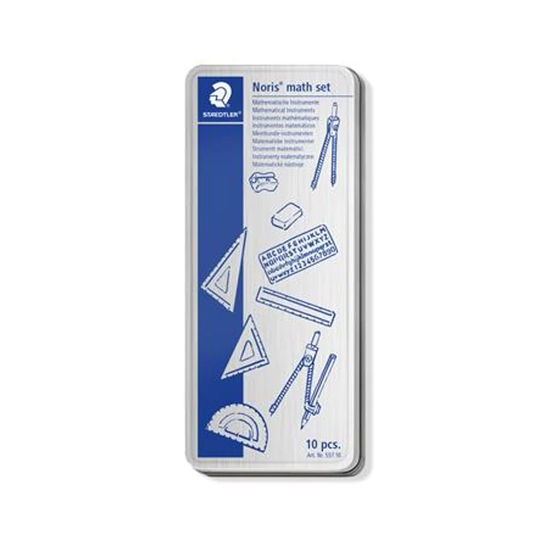 Matematikai készlet, fém dobozban, 10 darabos, vonalzóval, körzővel és kiegészítőkkel, STAEDTLER® „557 10”