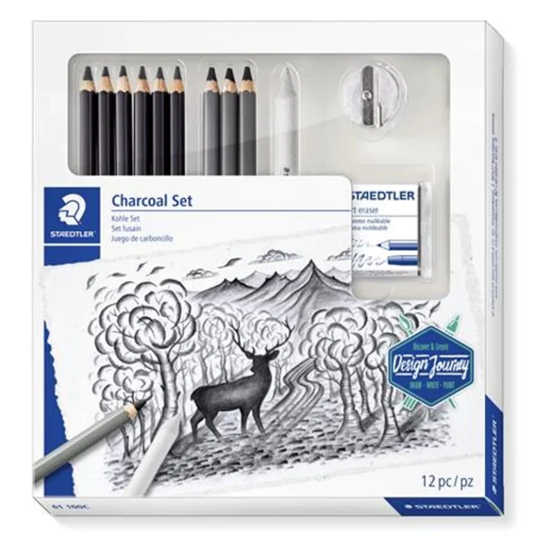 Grafit- és szénceruza készlet, kiegészítőkkel, 12 darabos, STAEDTLER "Mars® Lumograph® 100C"