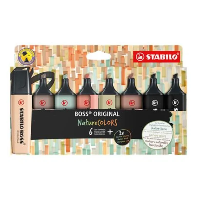 Szövegkiemelő készlet, 2-5 mm, STABILO "BOSS original NatureCOLORS", 6 különböző szín + 2 fekete
