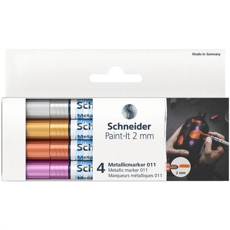Metálfényű marker készlet, 2 mm, SCHNEIDER "Paint-It 011", 4 különböző szín,Metálfényű marker készlet, 2 mm, SCHNEIDER "Paint-It 011", 4 különböző szín