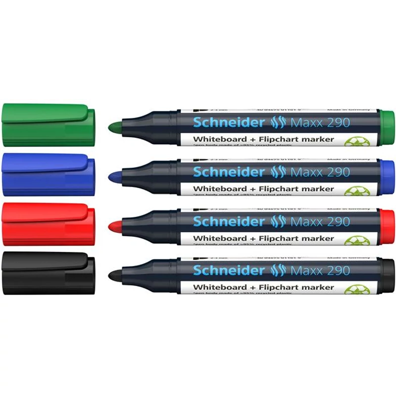 Tábla- és flipchart marker készlet, 2-3 mm, kúpos, SCHNEIDER "Maxx 290", 4 különböző szín,Tábla- és flipchart marker készlet, 2-3 mm, kúpos, SCHNEIDER "Maxx 290", 4 különböző szín