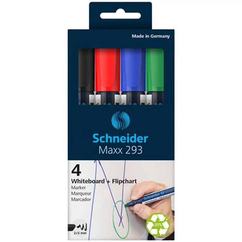 Tábla- és flipchart marker készlet, 2-5 mm, vágott, SCHNEIDER "Maxx 293", 4 különböző szín