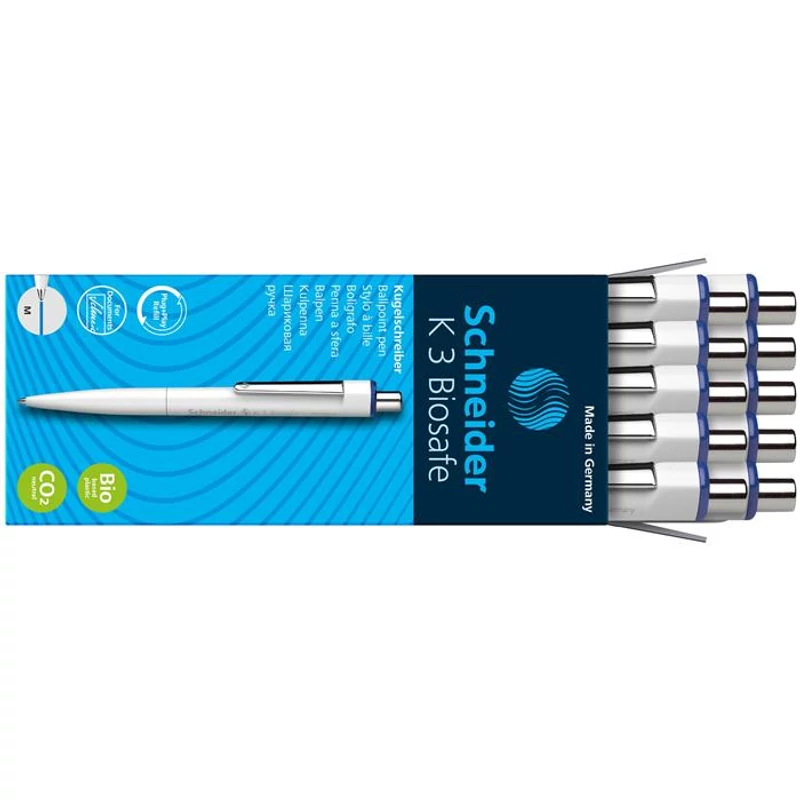 Golyóstoll, 0,5 mm, nyomógombos, SCHNEIDER "K3 Biosafe", kék