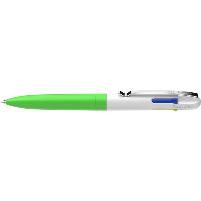Golyóstoll, 0,5 mm, nyomógombos, négyszínű, SCHNEIDER "Take 4 Neon", zöld-fehér