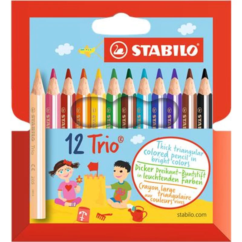 Színes ceruza készlet, háromszögletű, vastag, rövid, STABILO „Trio”, 12 különböző szín