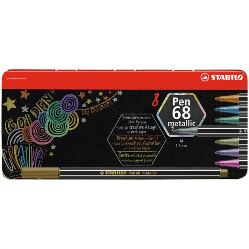 Filctoll készlet, fém doboz, 1,4 mm, STABILO "Pen 68 metallic", 8 különböző szín