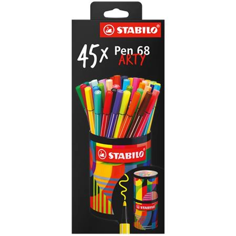 Filctoll készlet, hengeres fém doboz, 1 mm, STABILO "Pen 68 ARTY", 45 különböző szín