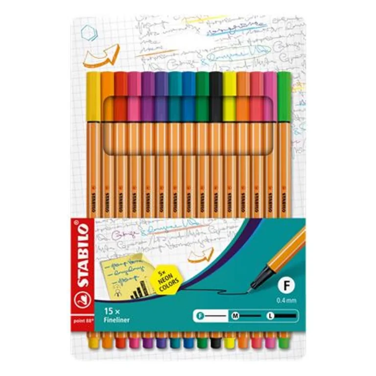 Tűfilc készlet, 0,4 mm, STABILO "Point 88", 10 + 5 különböző szín