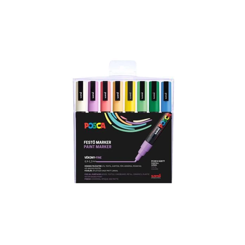 Dekormarker készlet, 0,9-1,3 mm, UNI "Posca PC-3M", 8 különböző pasztell szín