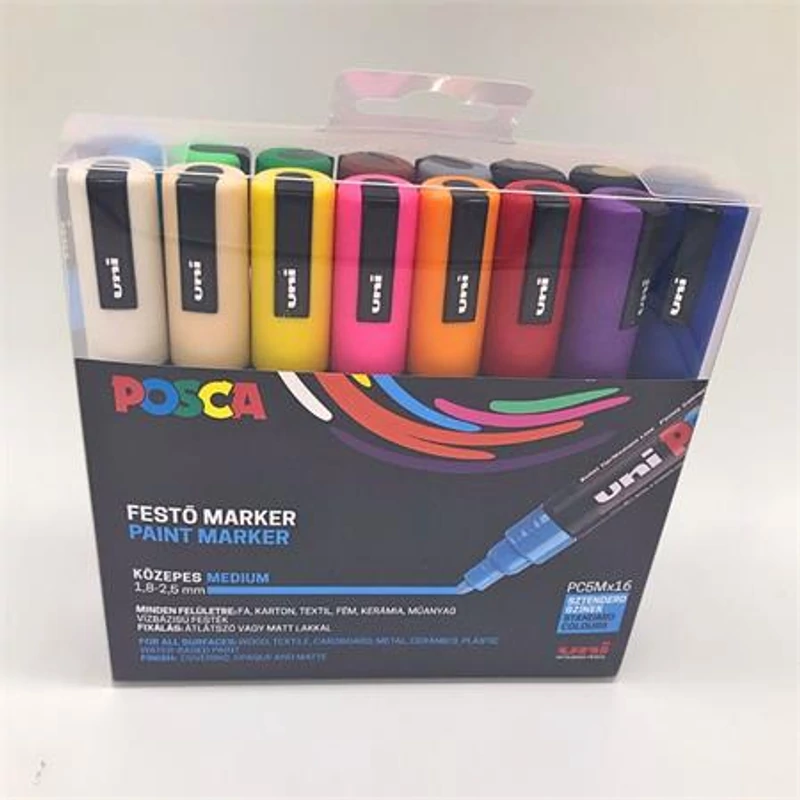 Dekormarker készlet, 1,8-2,5 mm, UNI "Posca PC-5M", 16 különböző szín,Dekormarker készlet, 1,8-2,5 mm, UNI "Posca PC-5M", 16 különböző szín