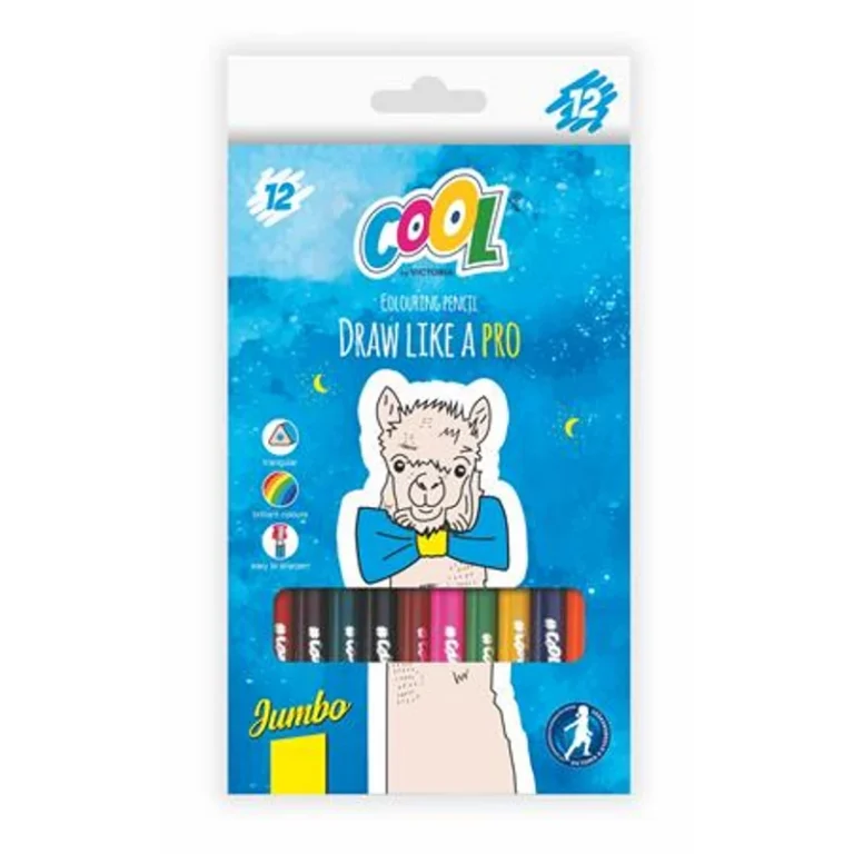 Színes ceruza készlet, háromszögletű, vastag, COOL BY VICTORIA, 12 különböző szín