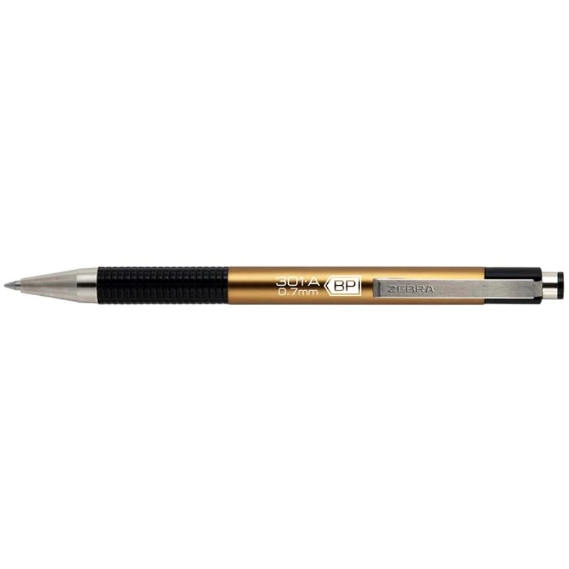 Golyóstoll, 0,24 mm, nyomógombos, arany színű tolltest, ZEBRA "F-301 A", kék