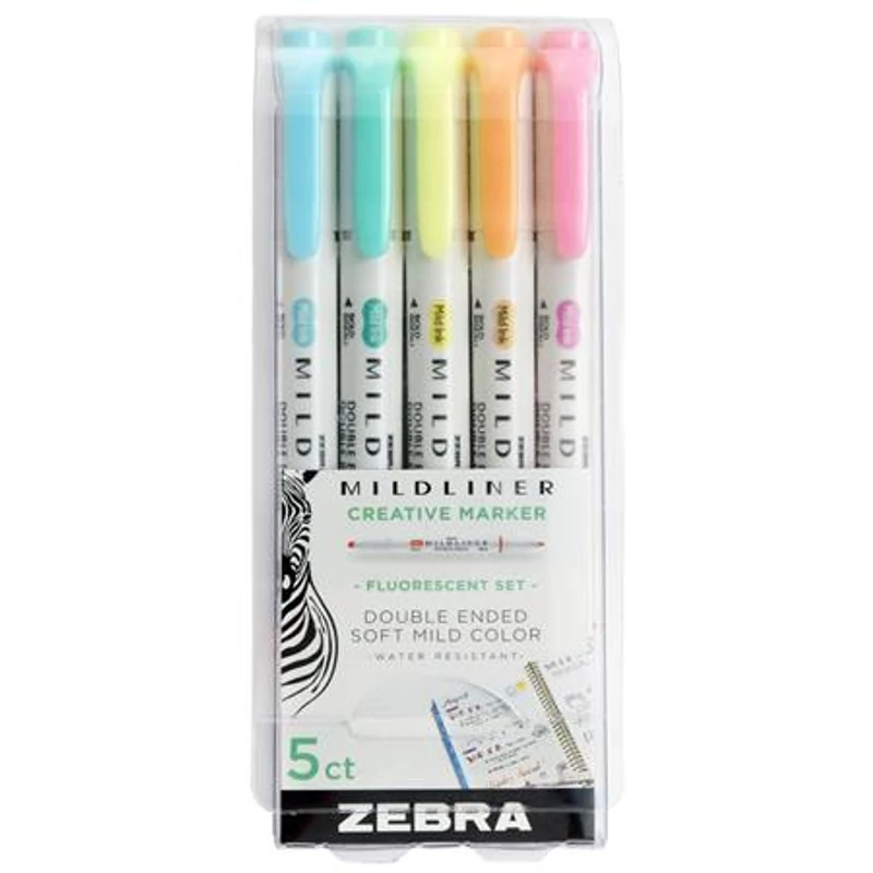 Szövegkiemelő készlet, 1,4 / 4,0 mm, kétvégű, ZEBRA "Mildliner Fluorescent", 5 szín