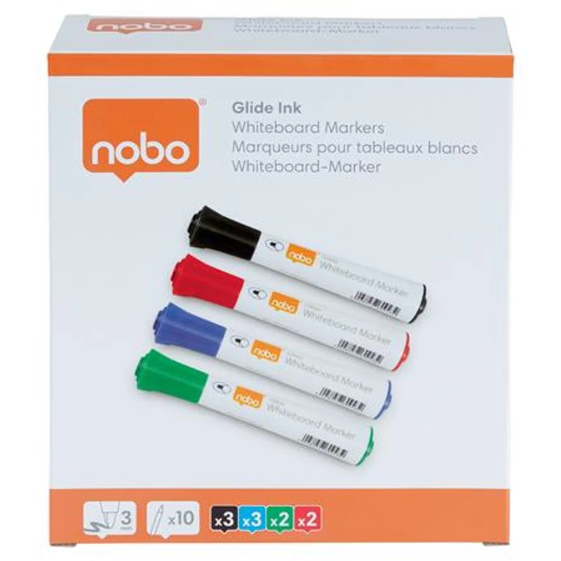 Táblamarker, kúpos hegyű, 2 mm, 10 db, NOBO "Glide", vegyes,Táblamarker, kúpos hegyű, 2 mm, 10 db, NOBO "Glide", vegyes