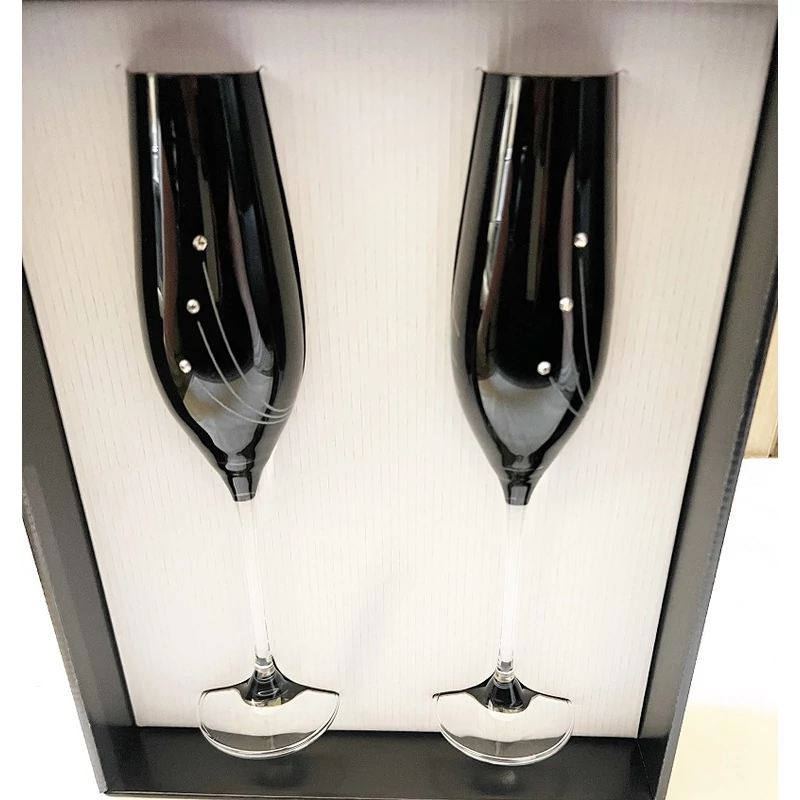Üveg pohár swarovski dísszel pezsgős fekete színű - Ajándék ötlet esküvőre