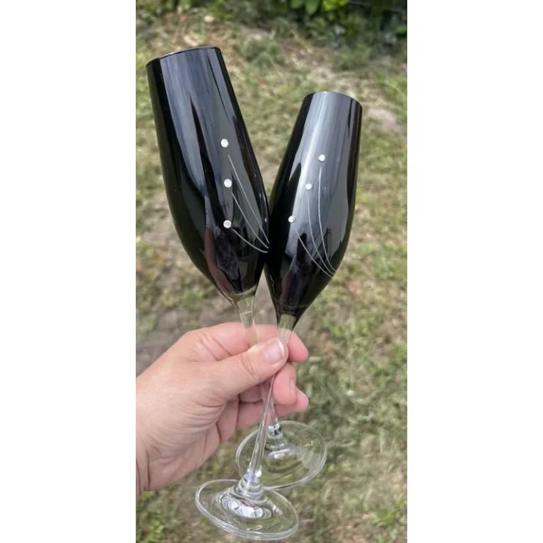 Üveg pohár swarovski dísszel pezsgős fekete színű - Ajándék ötlet esküvőre