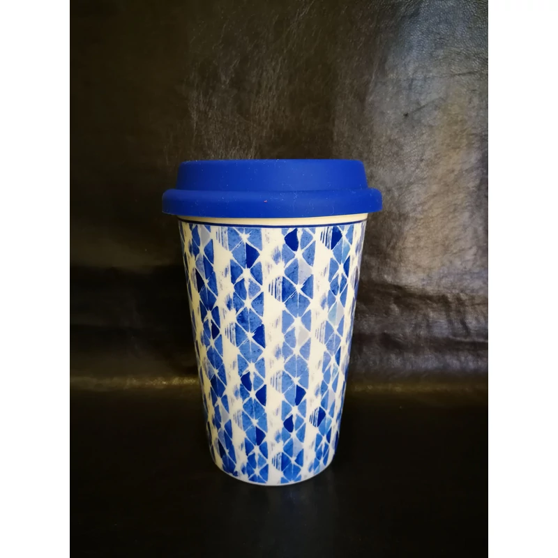 Porcelán bögre fedővel-Kék mintás