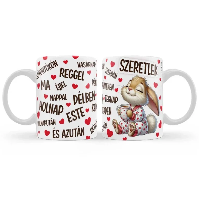 Nyuszis Valentin bögre Szeretlek felirattal és szívekkel