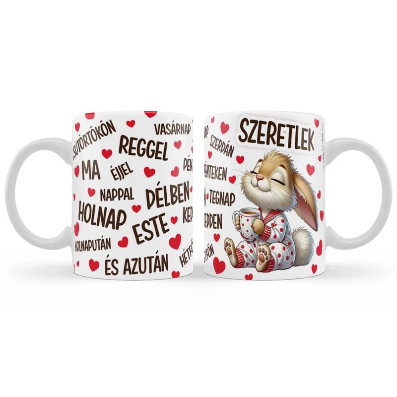 Nyuszis Valentin bögre Szeretlek felirattal és szívekkel