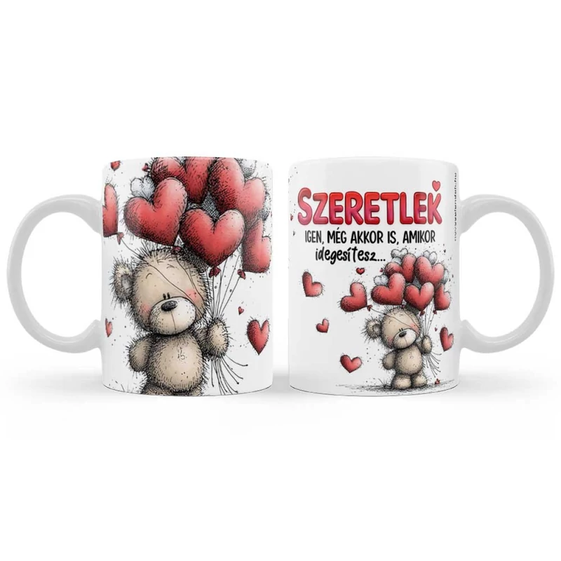 Mackós Valentin bögre szíves lufikkal és vicces szeretlek felirattal