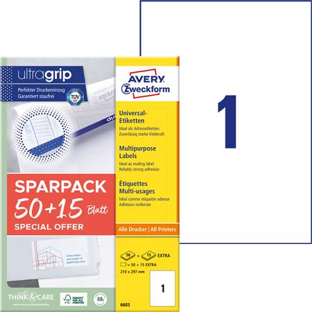 Etikett, univerzális, 210x297 mm, AVERY ZWECKFORM, "Sparpack", 65 etikett/csomag - Image 2
