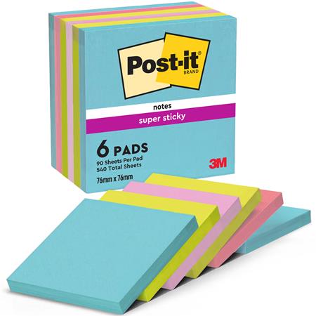 Öntapadó jegyzettömb, 76x76 mm, 6x90 lap, 3M POSTIT "Super Sticky", "Cosmic", vegyes színek - Image 2